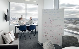 A workspace room with large windows