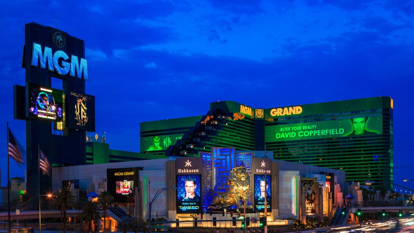 Exterior view of Hakkasan with the lion statue in front and MGM Grand in the background. 