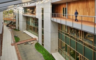 An elevated walkway inside the J. Craig Venter Genome Lab.