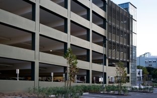 Close-up, exterior view of the parking garage.