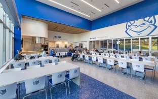 Seating area inside the dining hall.