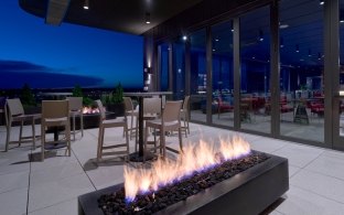 Nebraska Innovation Campus Scarlet Hotel patio fireplace and seating areas