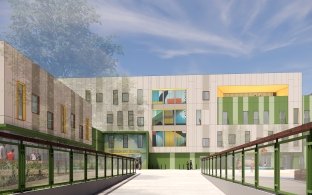 Exterior rendering of the east entrance of the school.