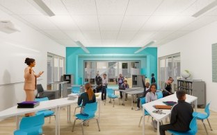 A rendering of a classroom with a teacher and students.