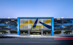 Parking garage exterior with 'SJSU'