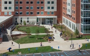 A green space outside of the student housing facility.