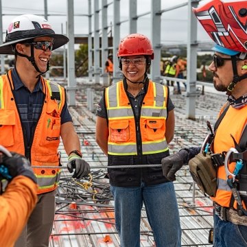 A group of people talking at a jobsite.