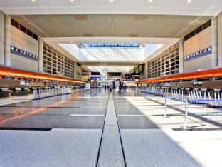 Airport concourse interior.