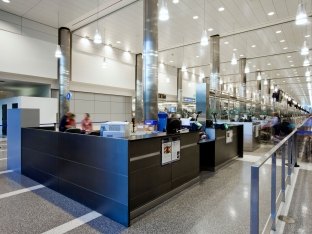 Airport concourse interior.