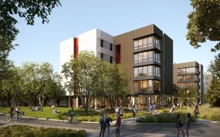 Exterior rendering of the housing facility from the southwest.